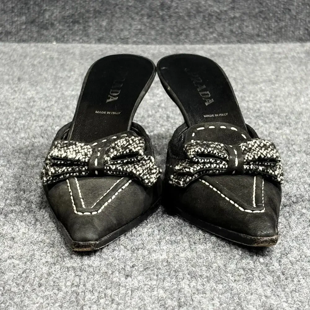 Prada Shoes Womens 6 EU 36 Black Suede Whipstitch Bow Mule Kitten Heels Italy